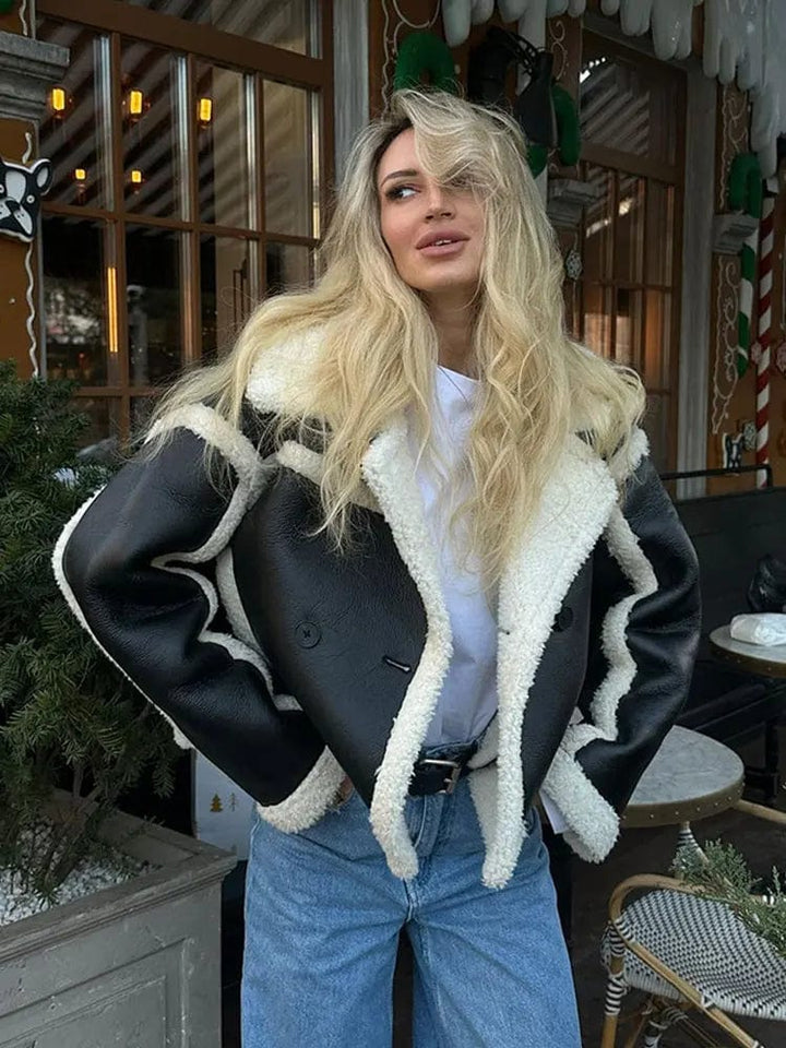 Shearling Jacket Oversized Black Leather With White Trim For Winter