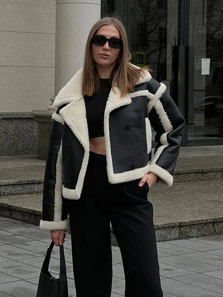 Shearling Jacket Oversized Black Leather With White Trim For Winter
