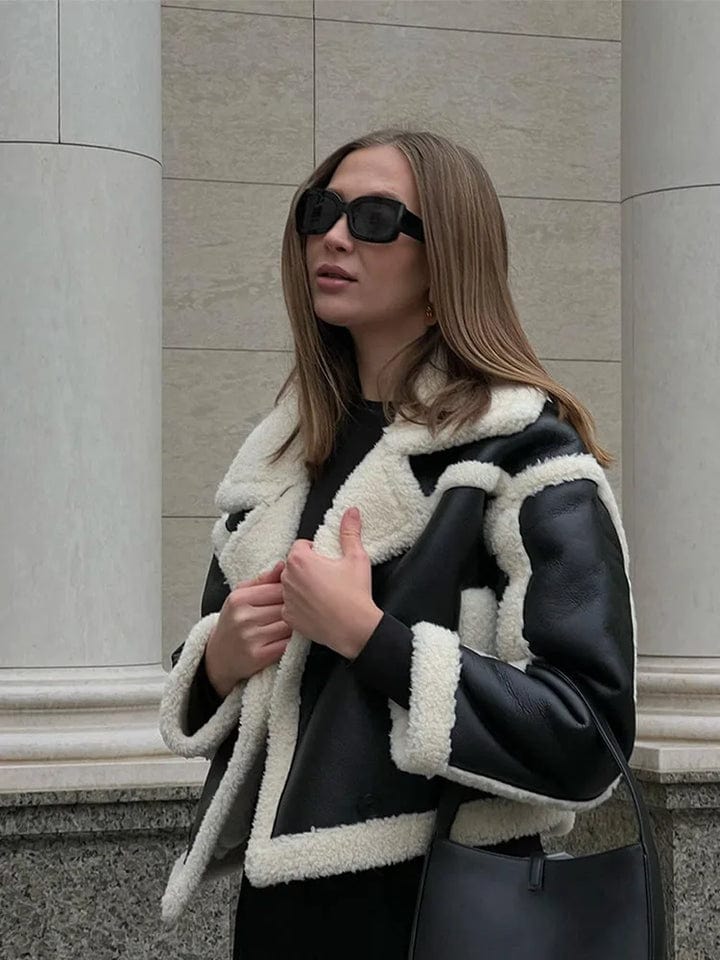 Shearling Jacket Oversized Black Leather With White Trim For Winter