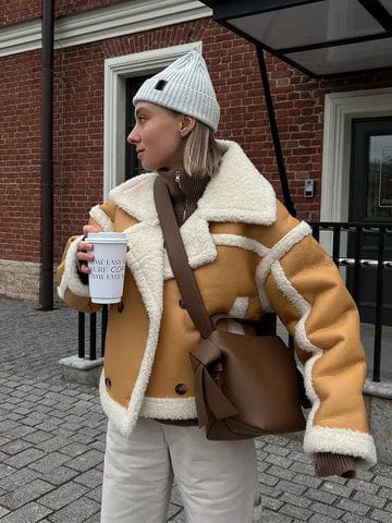 Shearling Jacket Oversized Black Leather With White Trim For Winter