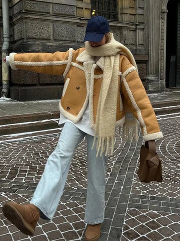 Shearling Jacket Oversized Black Leather With White Trim For Winter