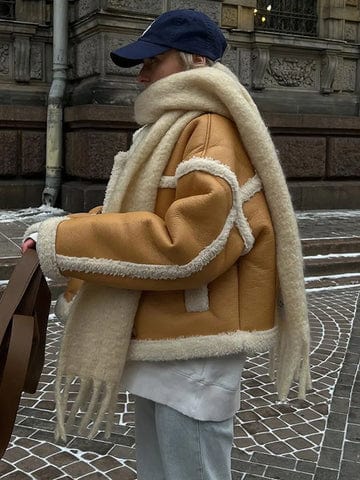 Shearling Jacket Oversized Black Leather With White Trim For Winter