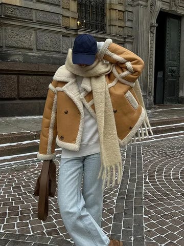 Shearling Jacket Oversized Black Leather With White Trim For Winter