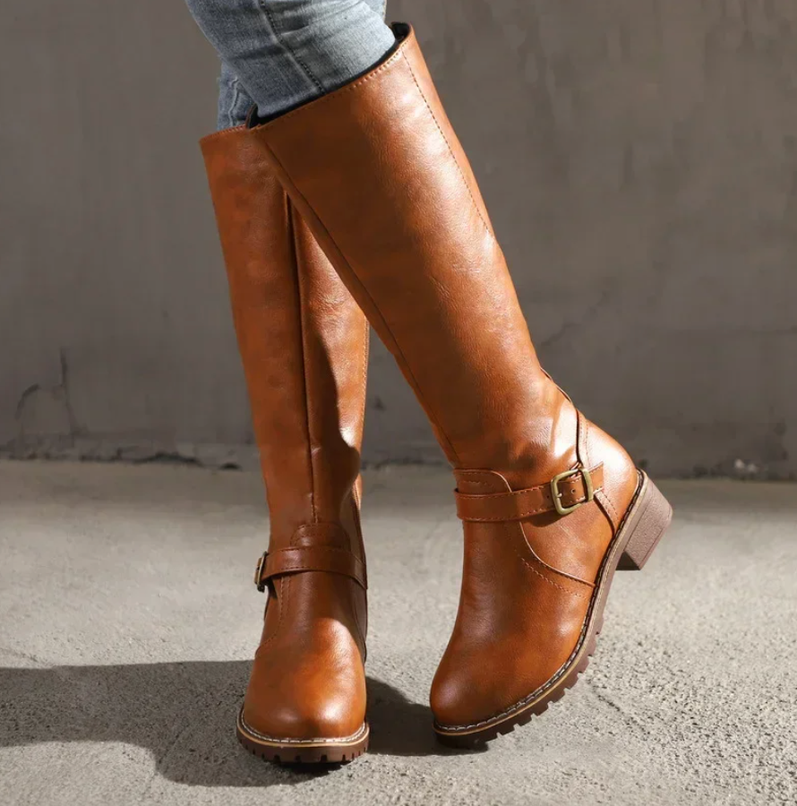 Leather Knee-High Boots With Buckle Detail
