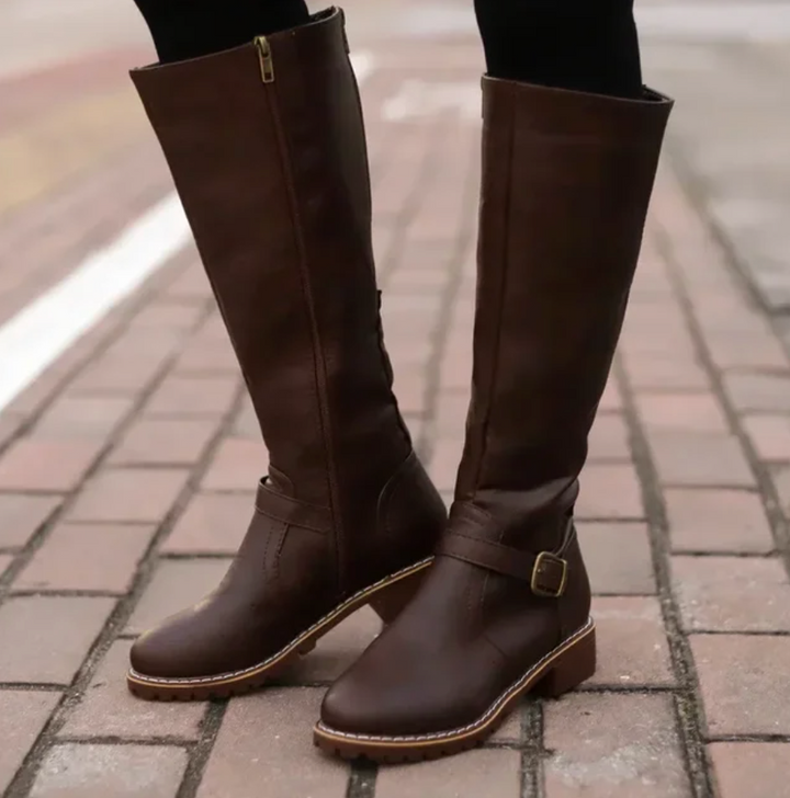 Leather Knee-High Boots With Buckle Detail