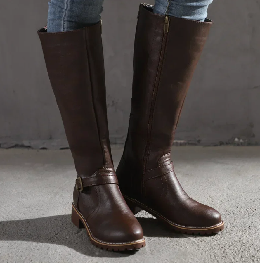 Leather Knee-High Boots With Buckle Detail