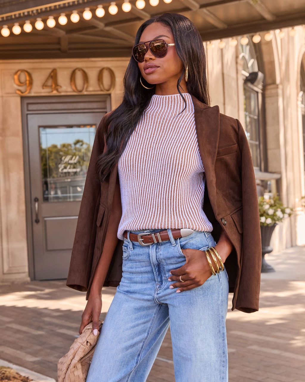Striped Sweater with Mock Neck and Cap Sleeves, Stretch Knit Blend