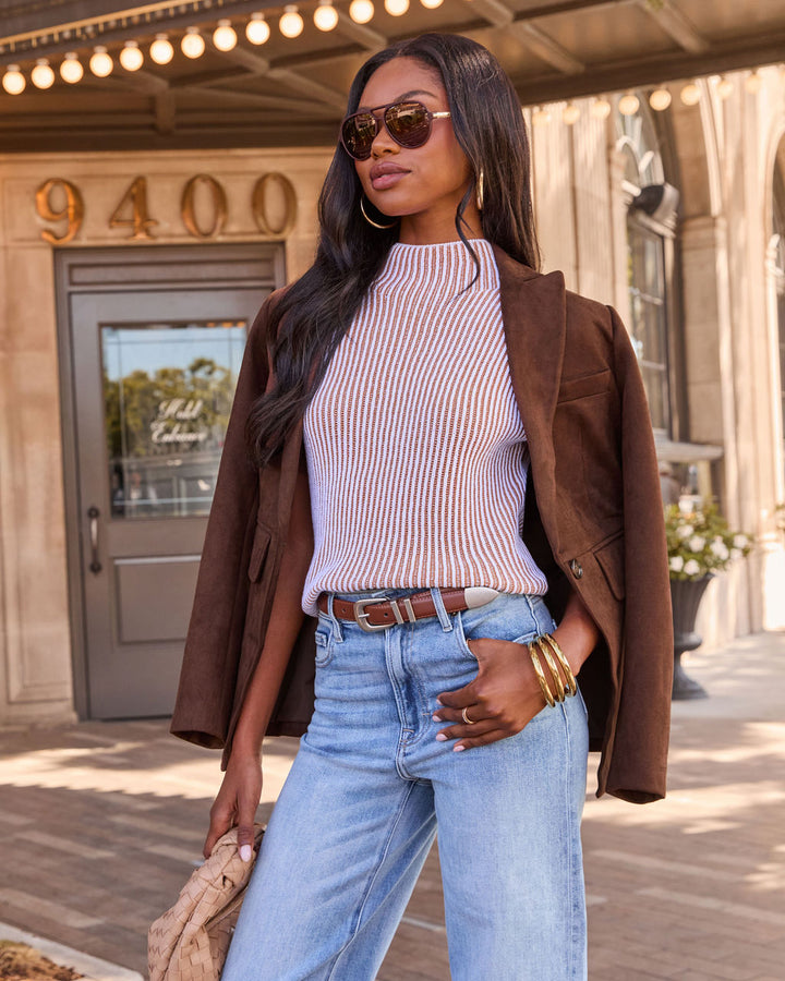 Striped Sweater with Mock Neck and Cap Sleeves, Stretch Knit Blend