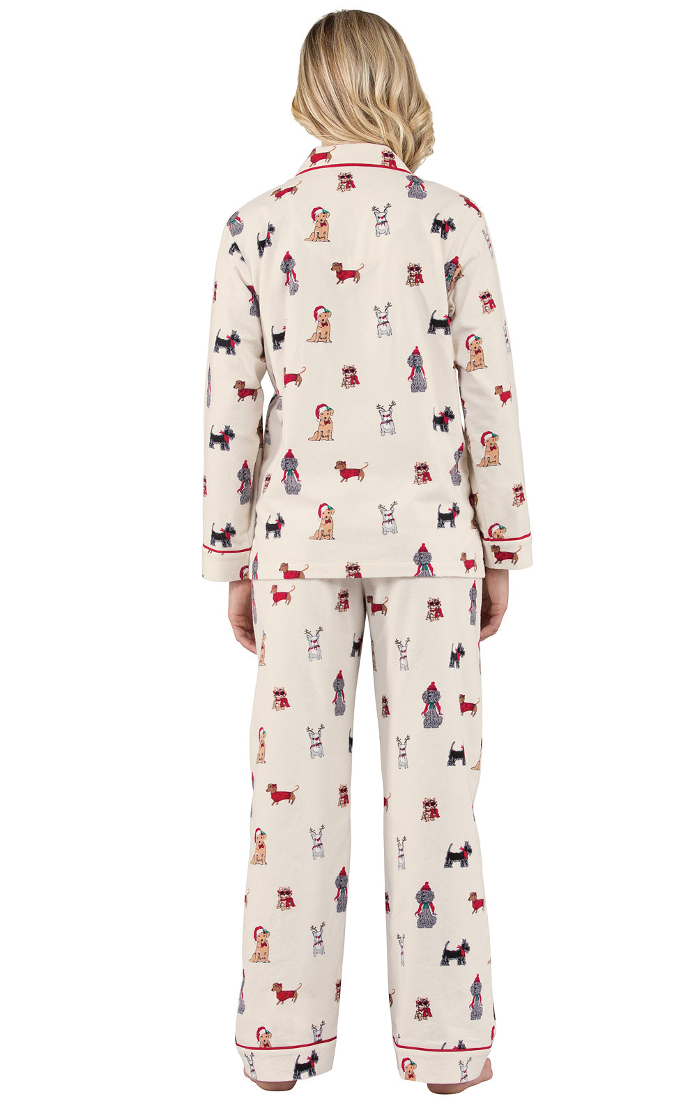 Button Front Flannel Pajamas with Festive Dog Print and Long Sleeves