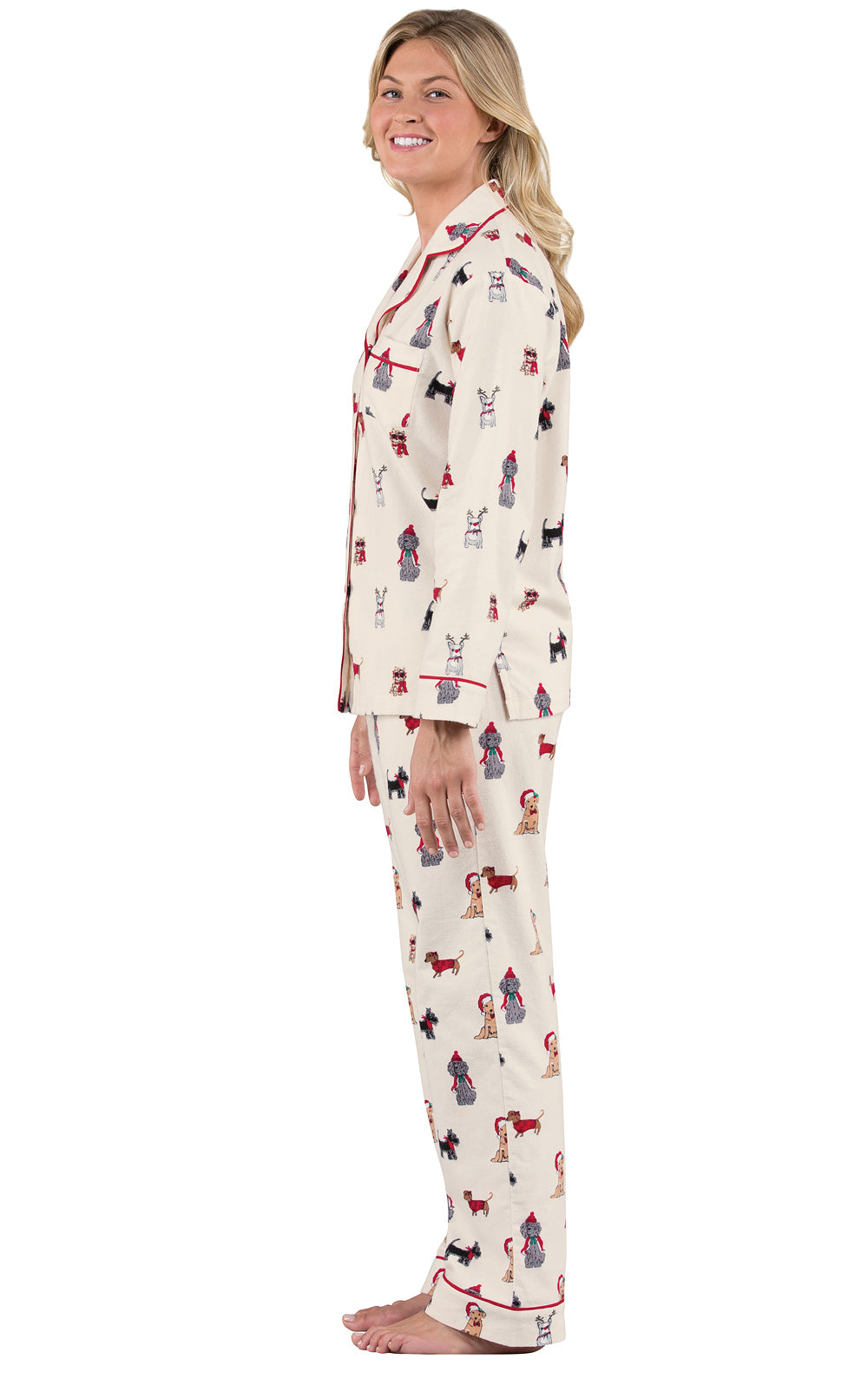 Button Front Flannel Pajamas with Festive Dog Print and Long Sleeves