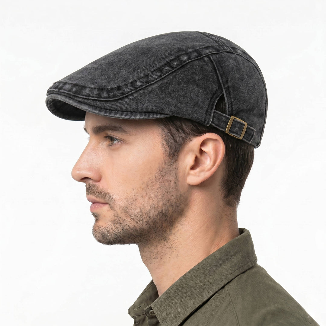 Eight Panel Cotton Denim Newsboy Cap with Adjustable Band and Distressed Finish
