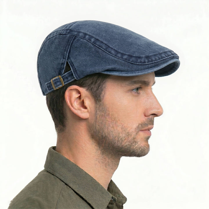 Eight Panel Cotton Denim Newsboy Cap with Adjustable Band and Distressed Finish