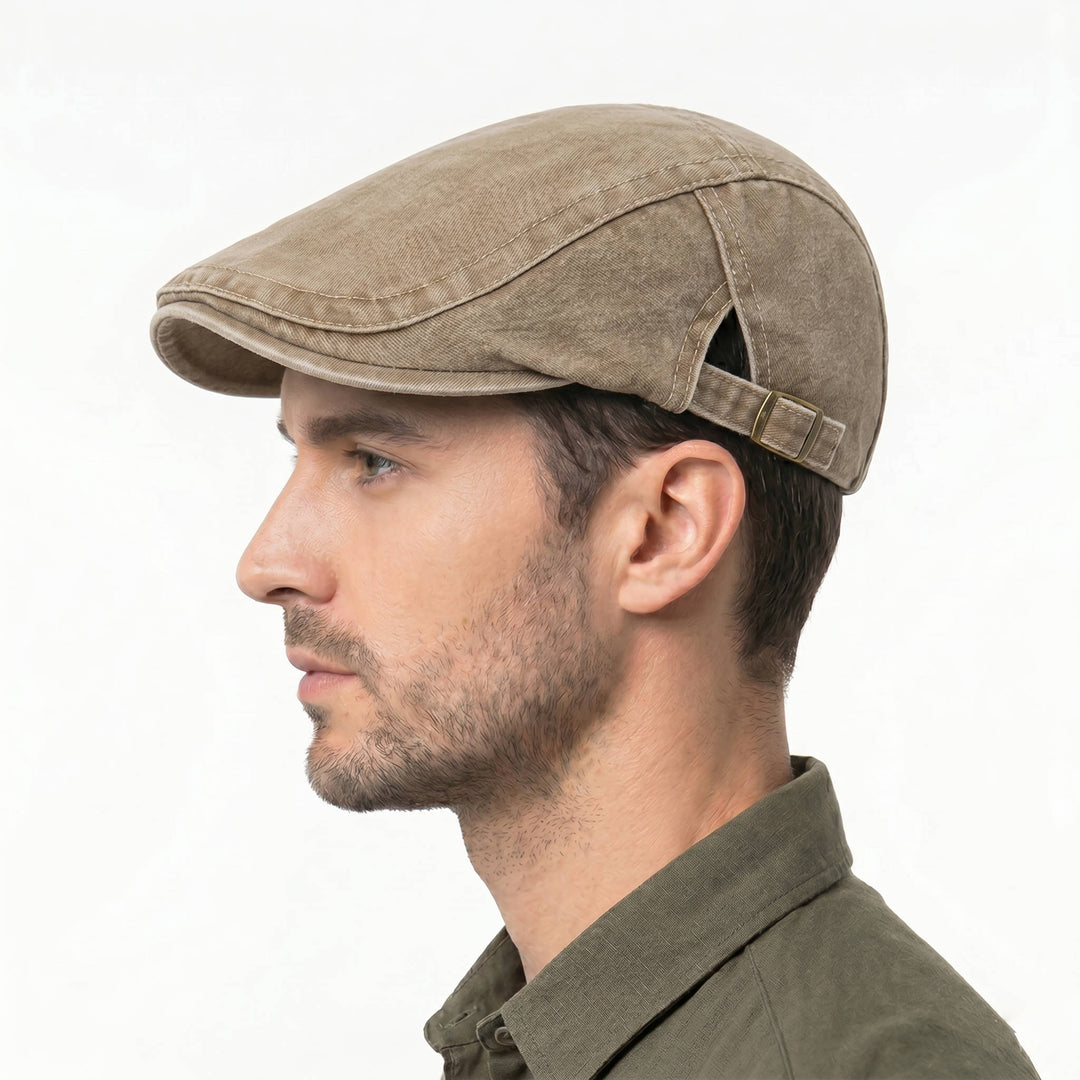 Eight Panel Cotton Denim Newsboy Cap with Adjustable Band and Distressed Finish