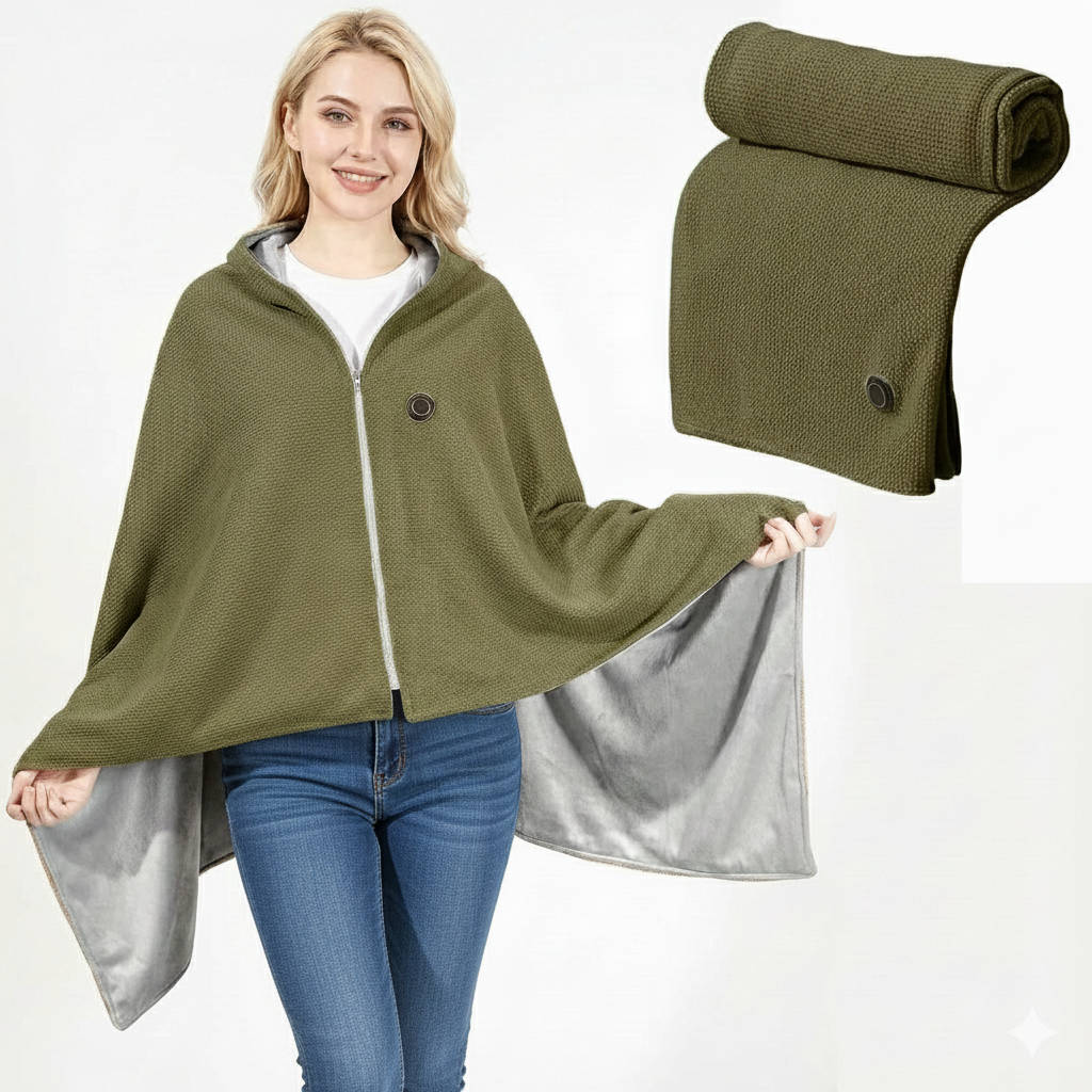 Eight Zone Heated Shawl Wrap with Three Temperature Settings and Rapid Carbon Fiber Heating