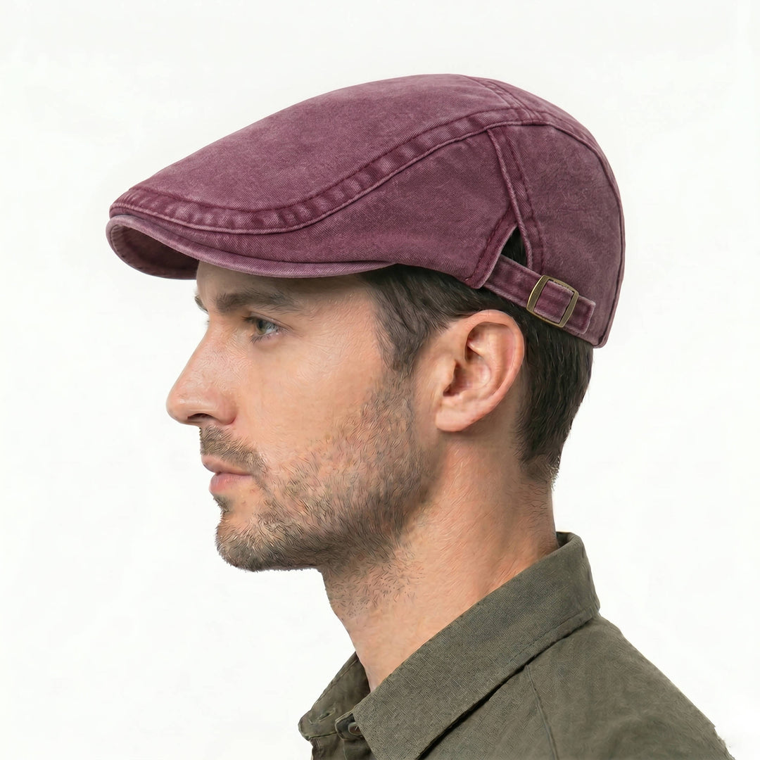 Eight Panel Cotton Denim Newsboy Cap with Adjustable Band and Distressed Finish
