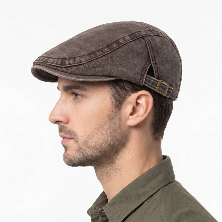 Eight Panel Cotton Denim Newsboy Cap with Adjustable Band and Distressed Finish