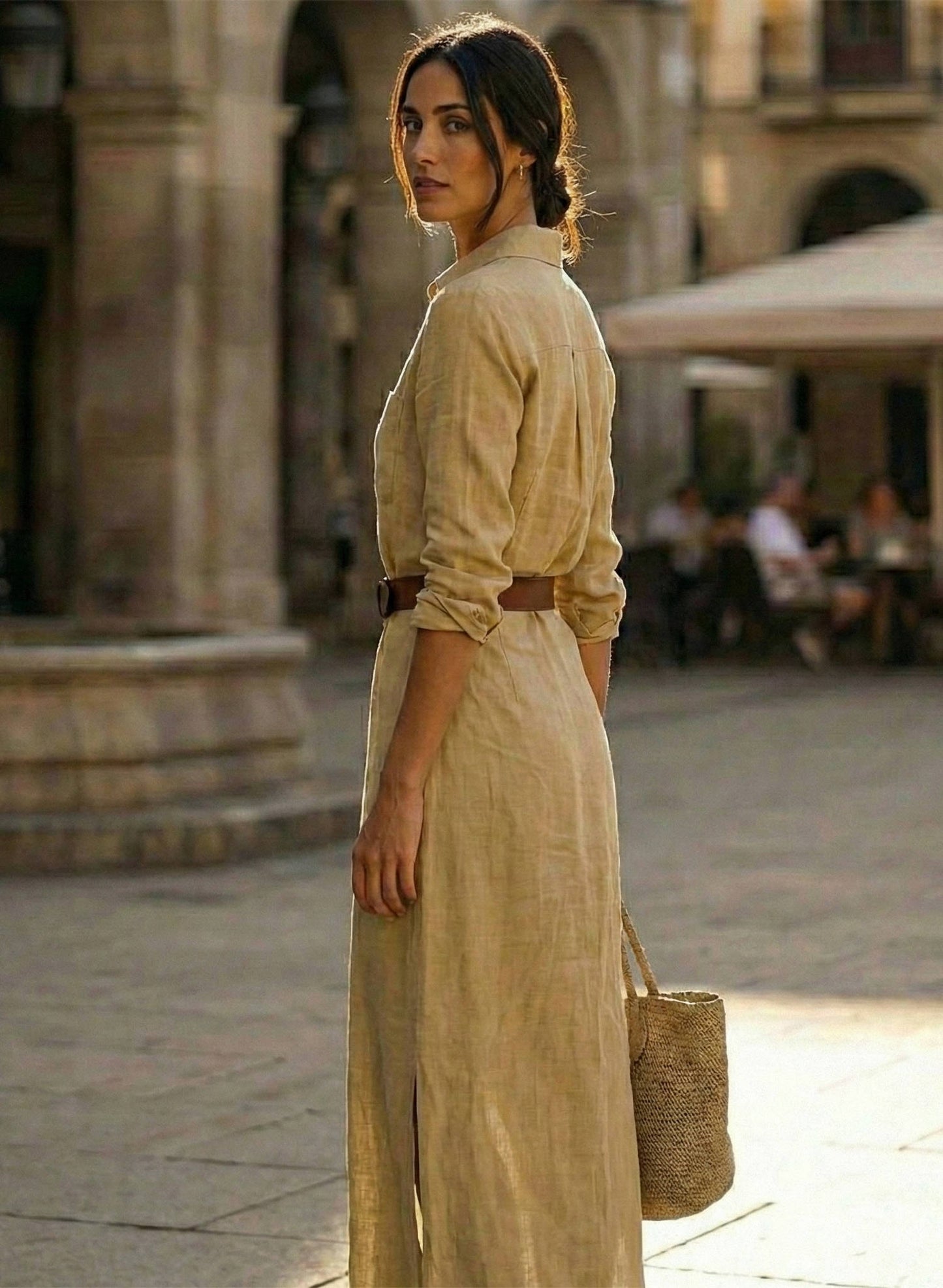 Women's Faux Suede Belted Maxi Dress - Long Sleeve Collared V-Neck