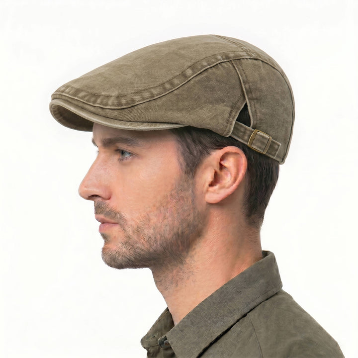 Eight Panel Cotton Denim Newsboy Cap with Adjustable Band and Distressed Finish