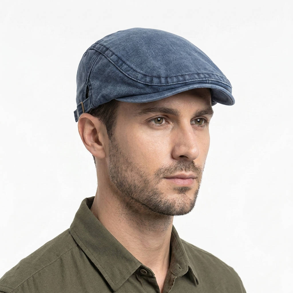 Eight Panel Cotton Denim Newsboy Cap with Adjustable Band and Distressed Finish