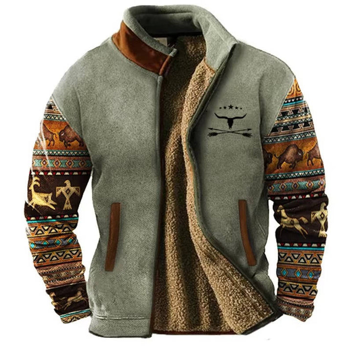 Fleece Jacket For Men With Western Aztec Pattern And Sherpa Lining