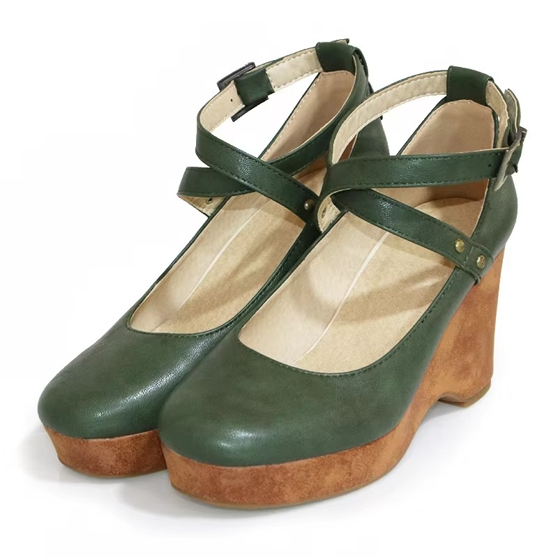 Platform Mary Jane Heels With Chunky Sole And Brown Buckle Strap