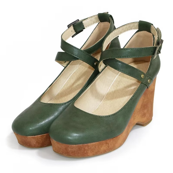 Platform Mary Jane Heels With Chunky Sole And Brown Buckle Strap
