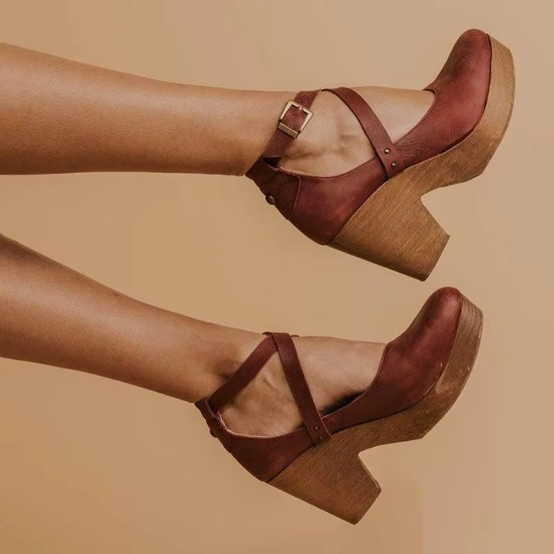 Platform Mary Jane Heels With Chunky Sole And Brown Buckle Strap