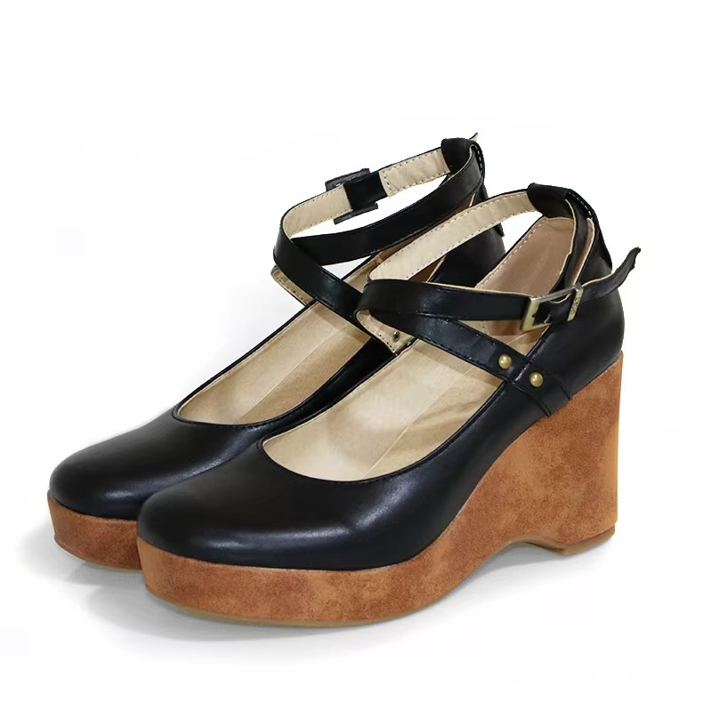 Platform Mary Jane Heels With Chunky Sole And Brown Buckle Strap