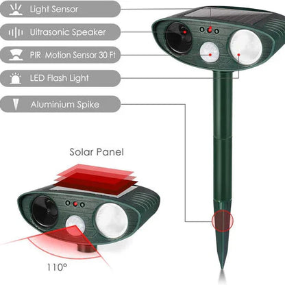 Motion-Activated Ultrasonic Rabbit Deterrent with Solar Panel and Flashing Light