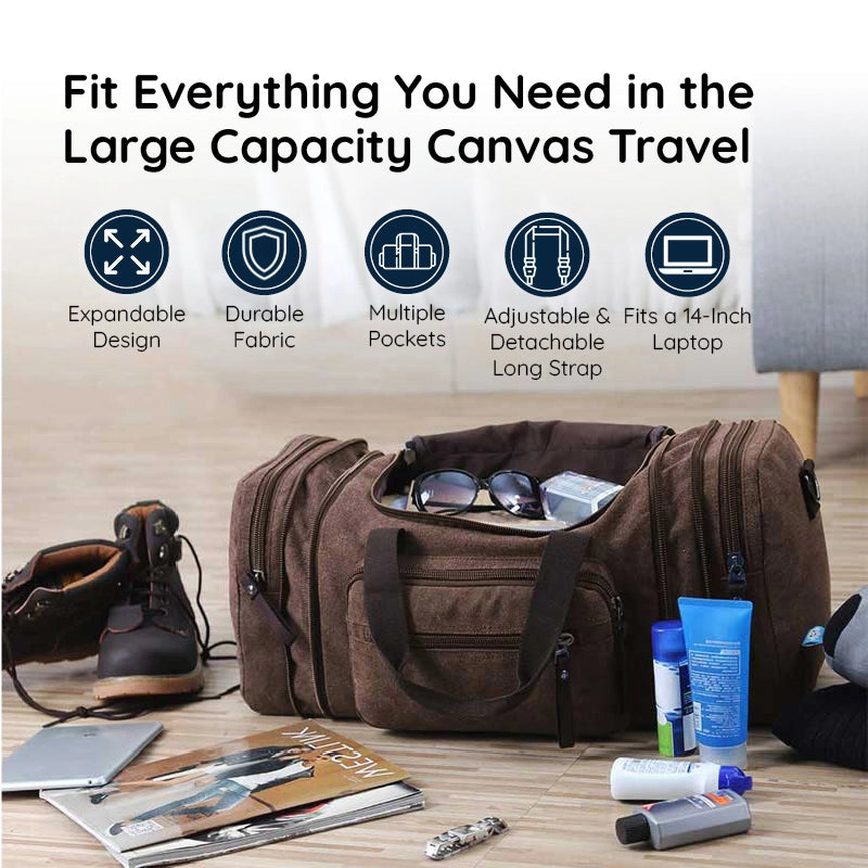 Canvas Travel Bag With Large Capacity, Multiple Compartments And Carry Straps
