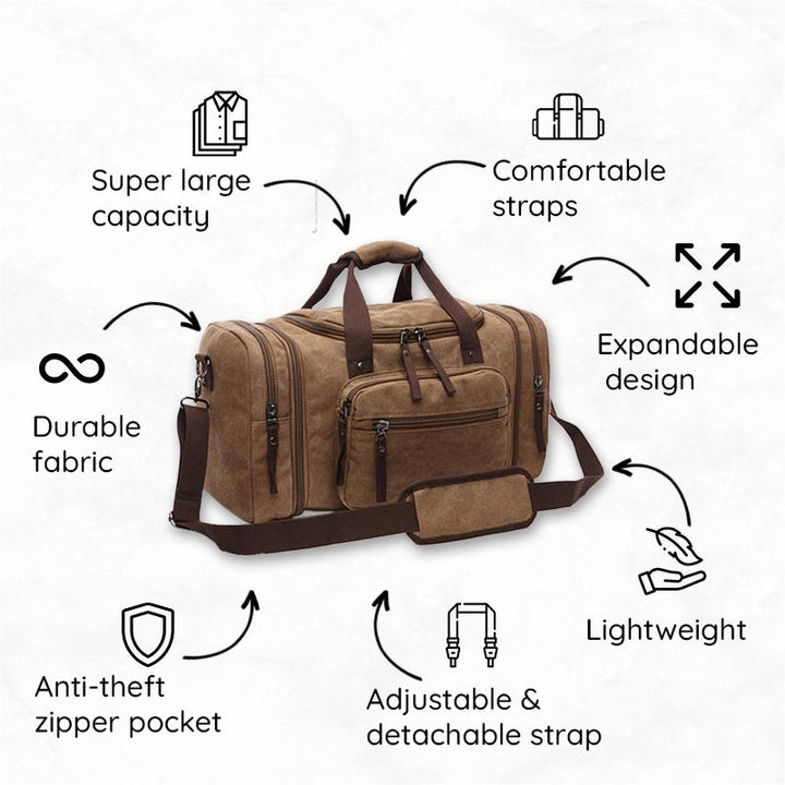 Canvas Travel Bag With Large Capacity, Multiple Compartments And Carry Straps