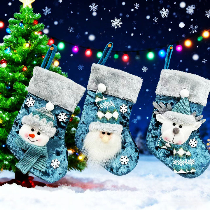 Christmas Socks Party Set Blue With Reindeer Santa And Snowman Doll Bags