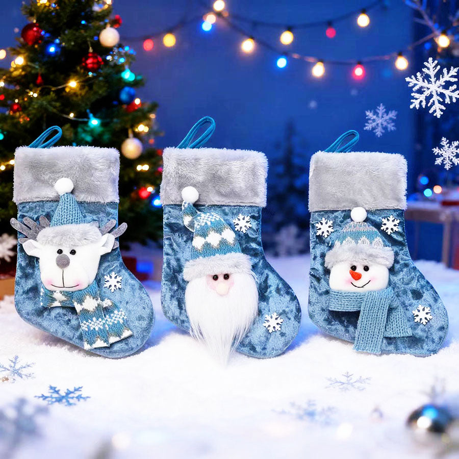 Christmas Socks Party Set Blue With Reindeer Santa And Snowman Doll Bags