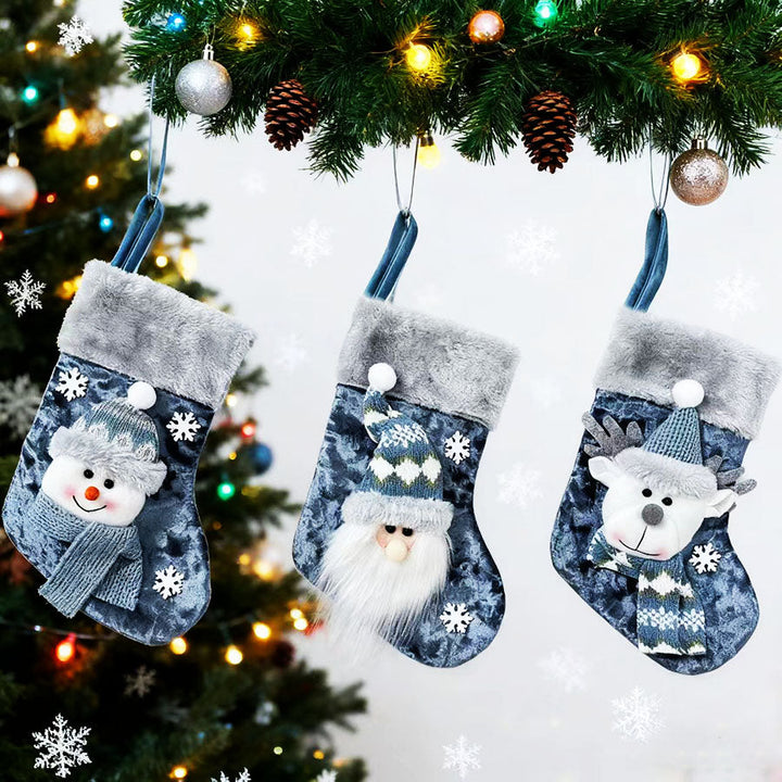 Christmas Socks Party Set Blue With Reindeer Santa And Snowman Doll Bags
