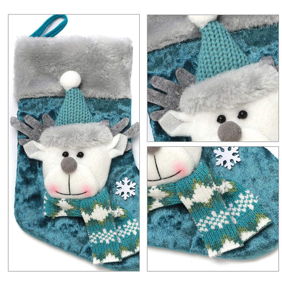 Christmas Socks Party Set Blue With Reindeer Santa And Snowman Doll Bags