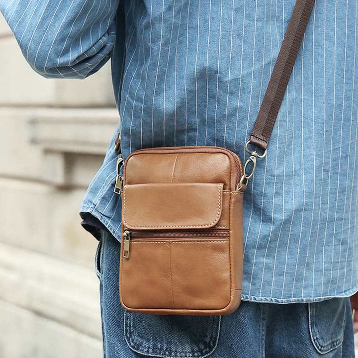 Small Leather Shoulder Bag For Men With Zip Closure And Pockets