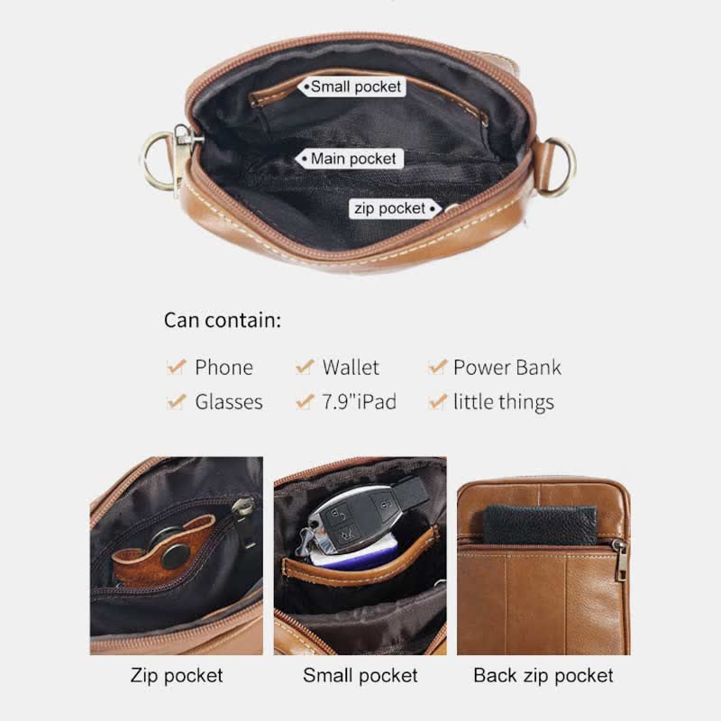 Small Leather Shoulder Bag For Men With Zip Closure And Pockets