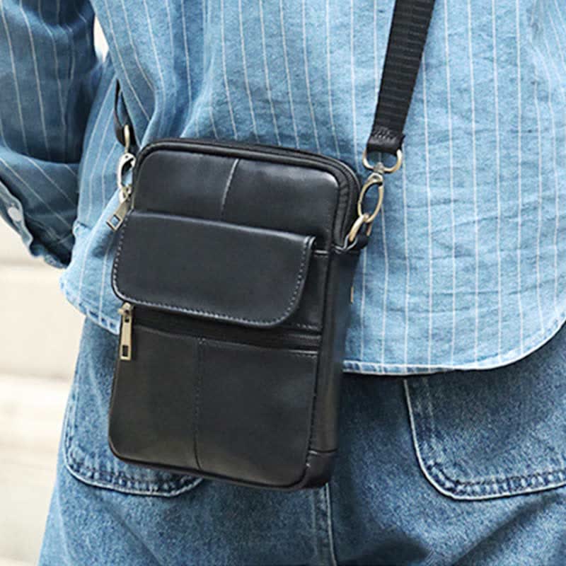 Small Leather Shoulder Bag For Men With Zip Closure And Pockets