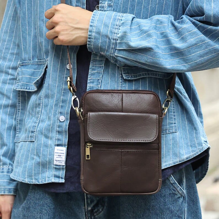 Small Leather Shoulder Bag For Men With Zip Closure And Pockets