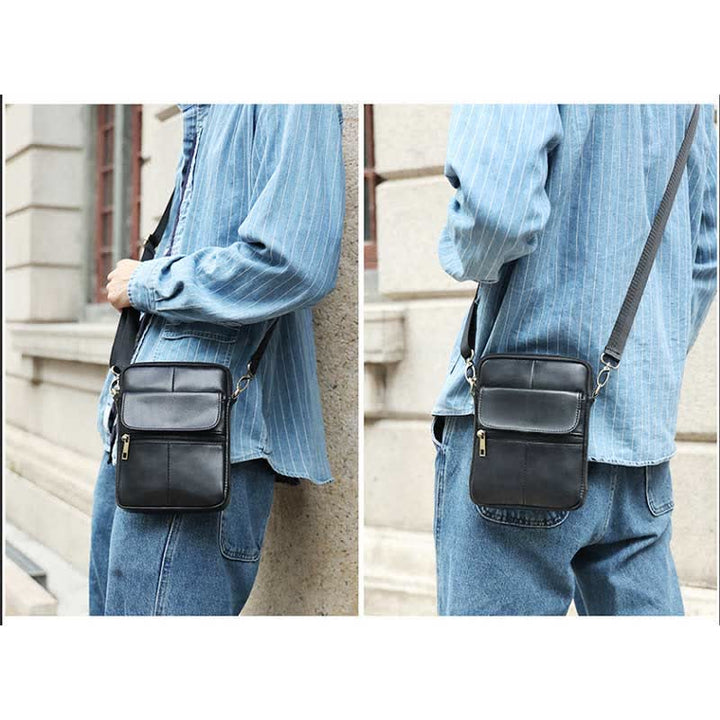 Small Leather Shoulder Bag For Men With Zip Closure And Pockets