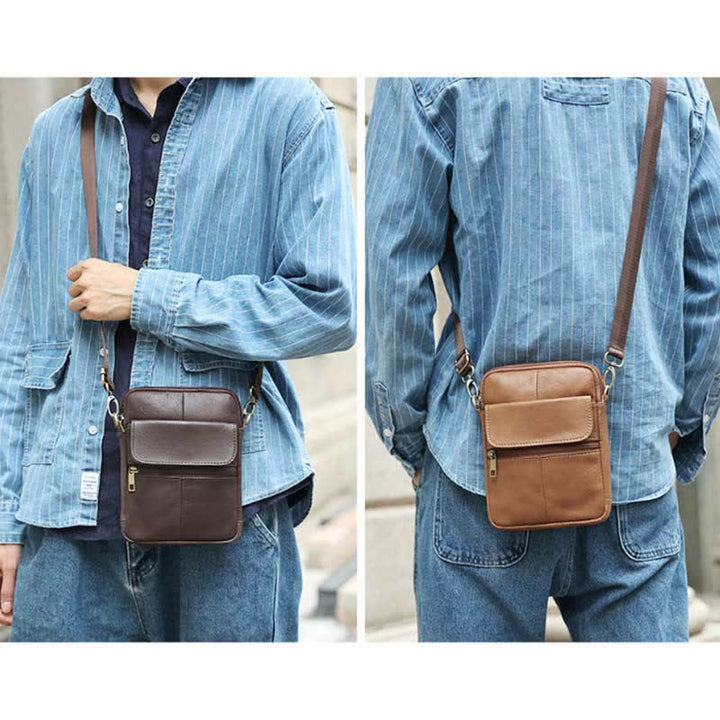 Small Leather Shoulder Bag For Men With Zip Closure And Pockets