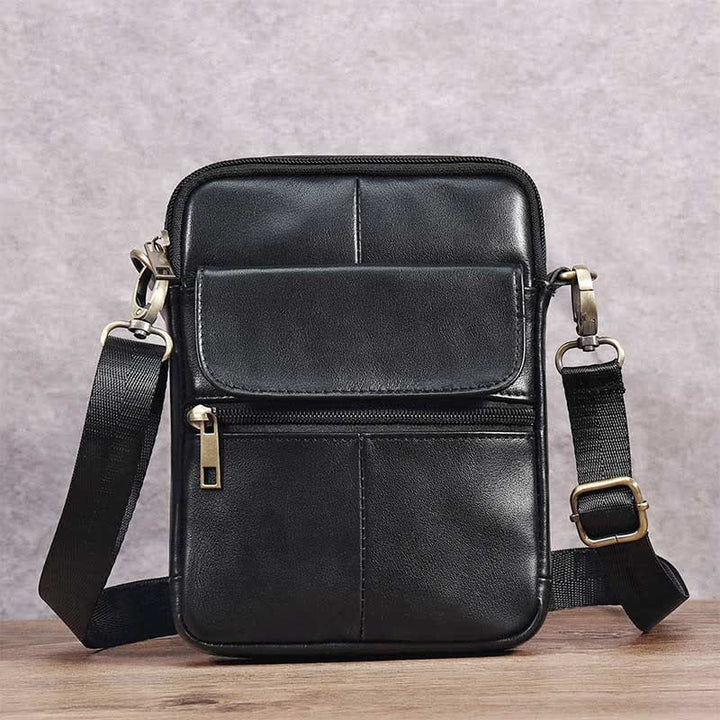 Small Leather Shoulder Bag For Men With Zip Closure And Pockets