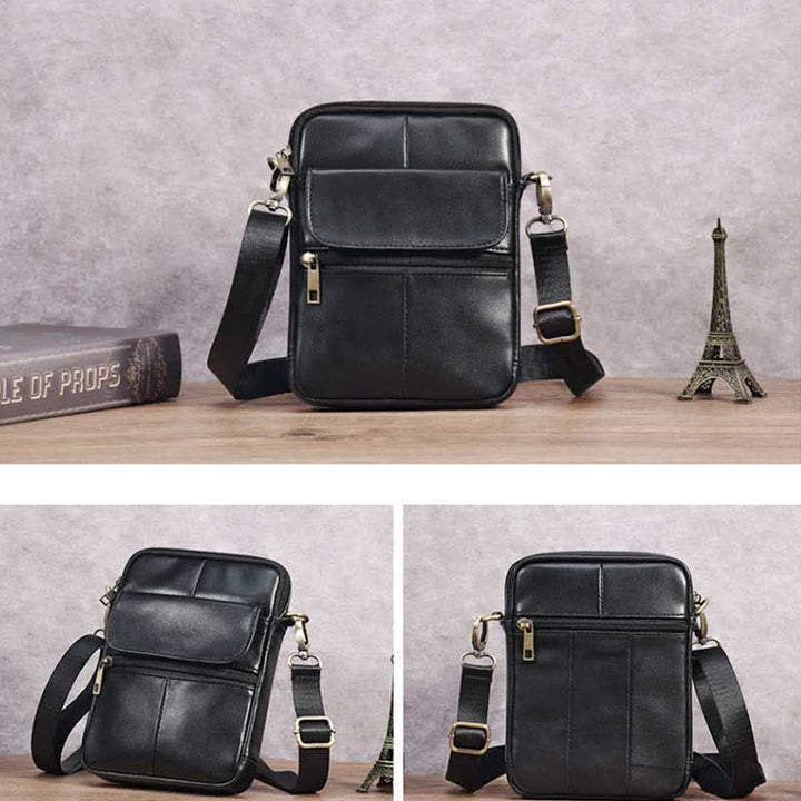 Small Leather Shoulder Bag For Men With Zip Closure And Pockets