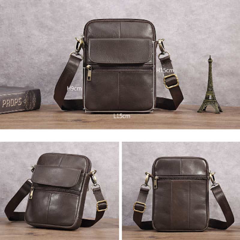 Small Leather Shoulder Bag For Men With Zip Closure And Pockets