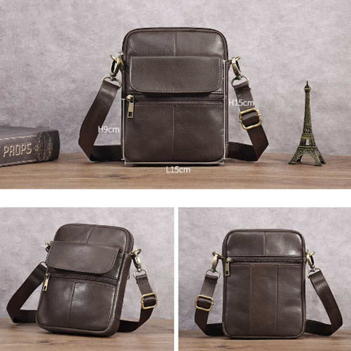 Small Leather Shoulder Bag For Men With Zip Closure And Pockets