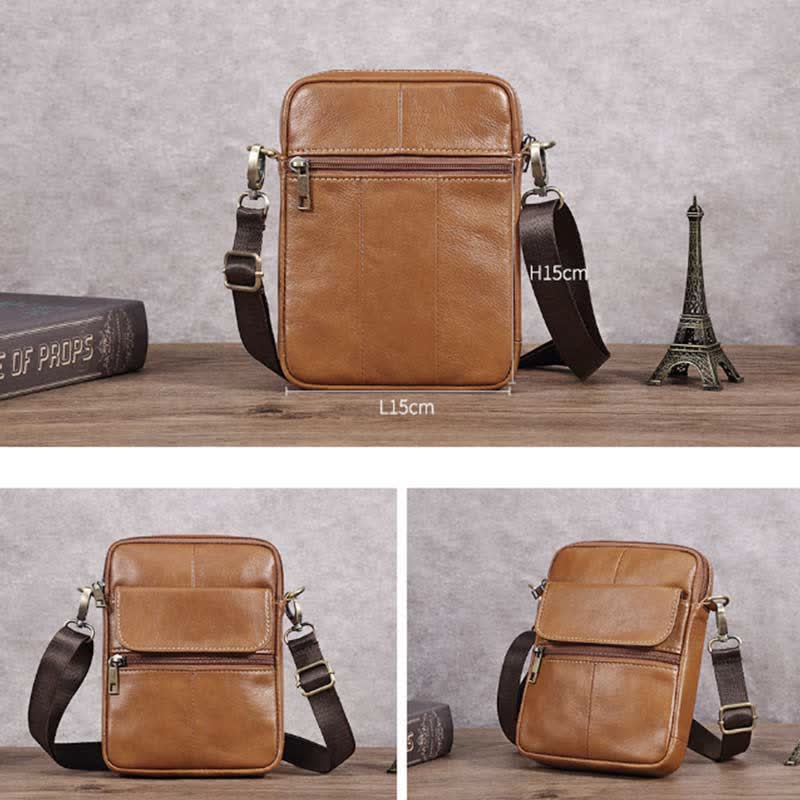 Small Leather Shoulder Bag For Men With Zip Closure And Pockets