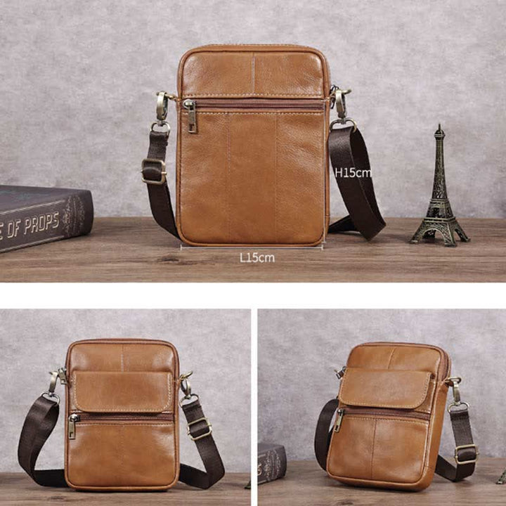 Small Leather Shoulder Bag For Men With Zip Closure And Pockets