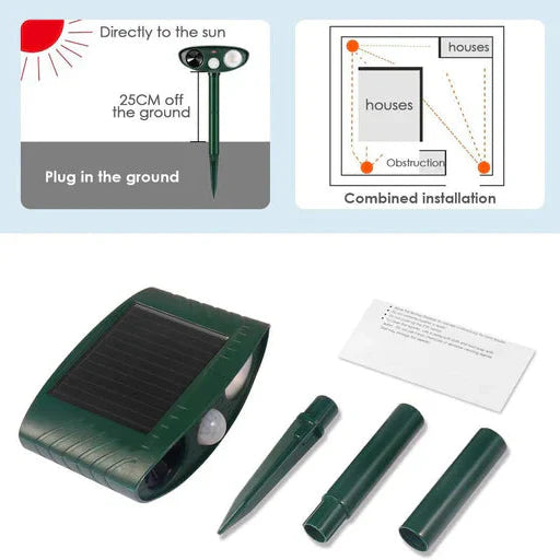Motion-Activated Ultrasonic Rabbit Deterrent with Solar Panel and Flashing Light