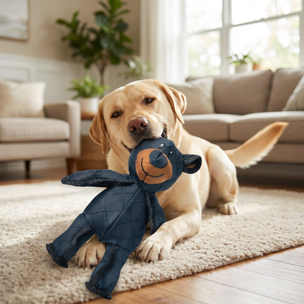 Bear Dog Toy with Squeaker and Reinforced Nylon Rubber, Machine Washable