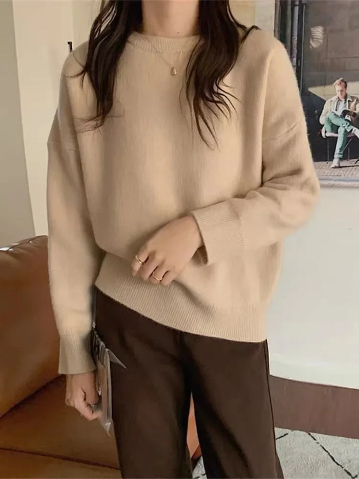 Women’s Oversized Pullover Sweater Cozy Round Neck Knit Long Sleeve